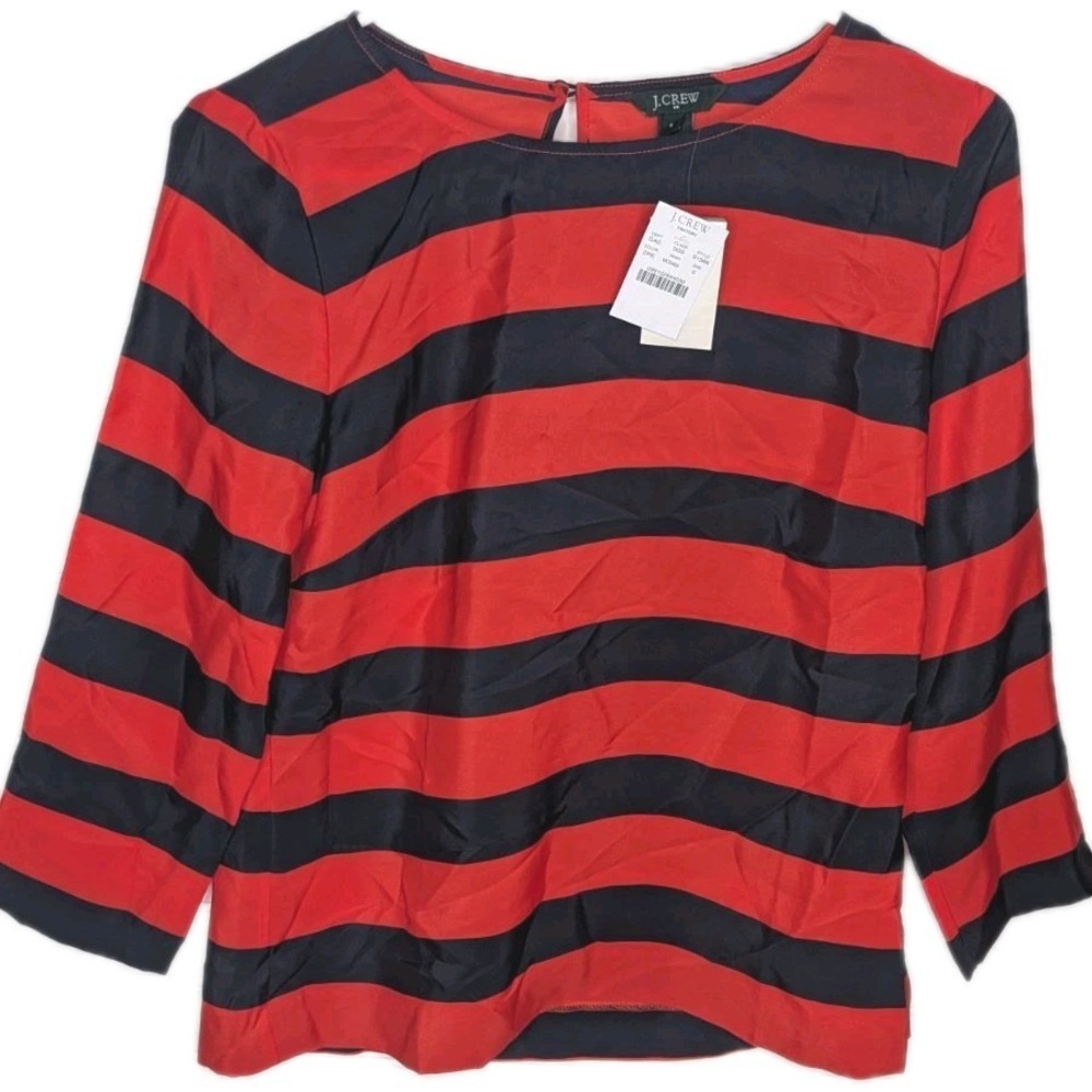 J Crew Women's Blouse NWT Small Lightweight Polyester Navy Orange‎ Rugby Stripes